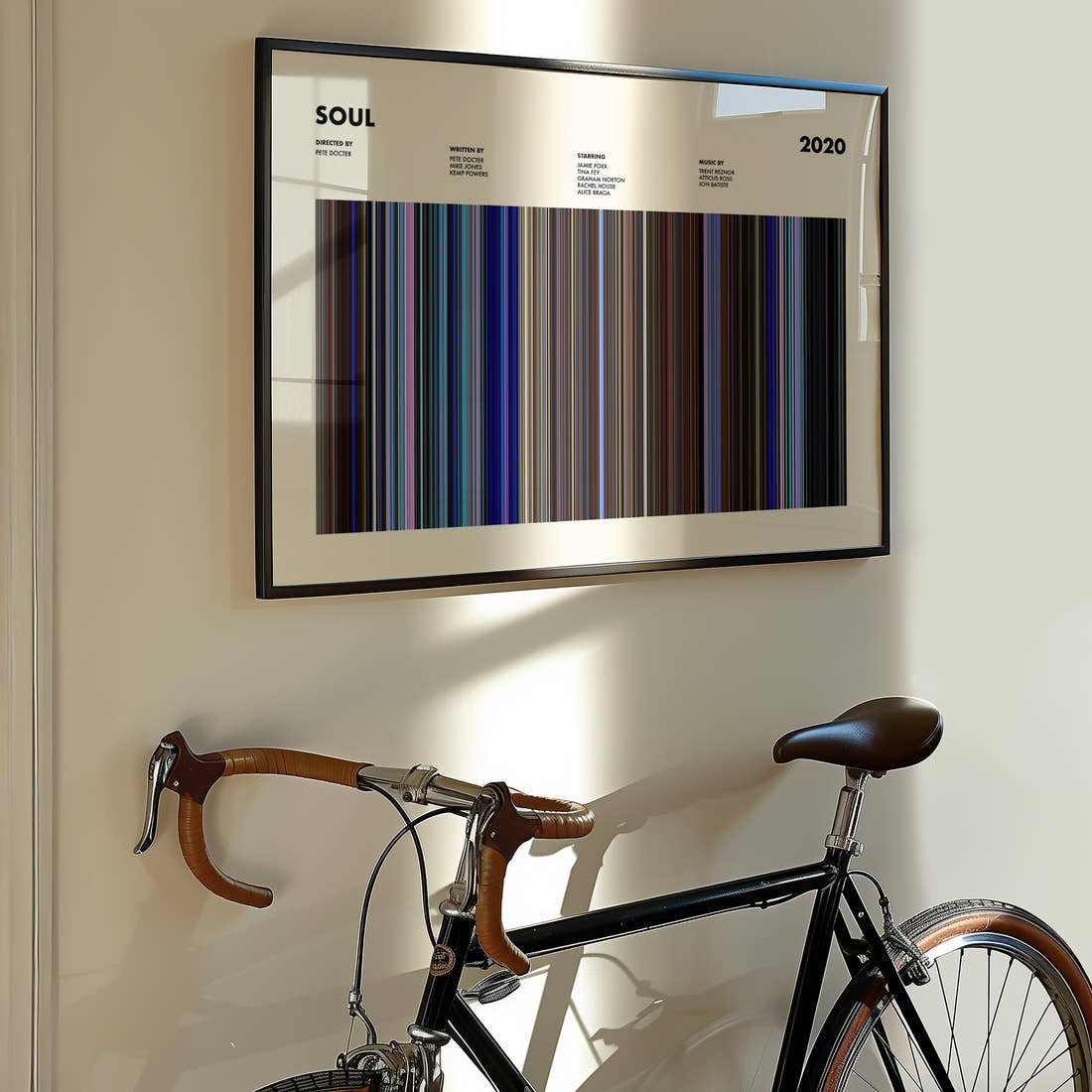 Soul Movie Barcode Poster framed on the wall of a styled room setting