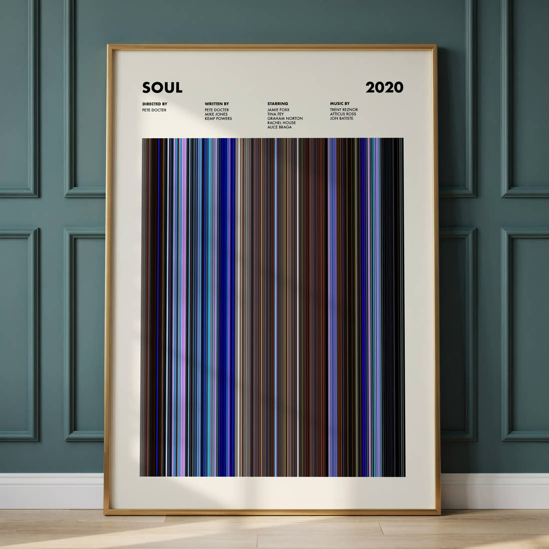 Soul Movie Barcode Poster framed and leaning against a panelled wall