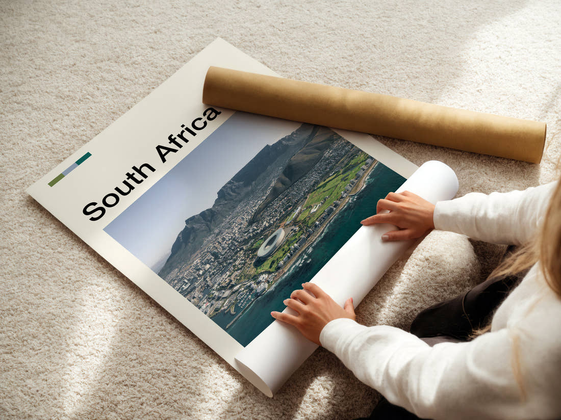 South Africa Table Mountain Travel Print being unrolled from its postal tube