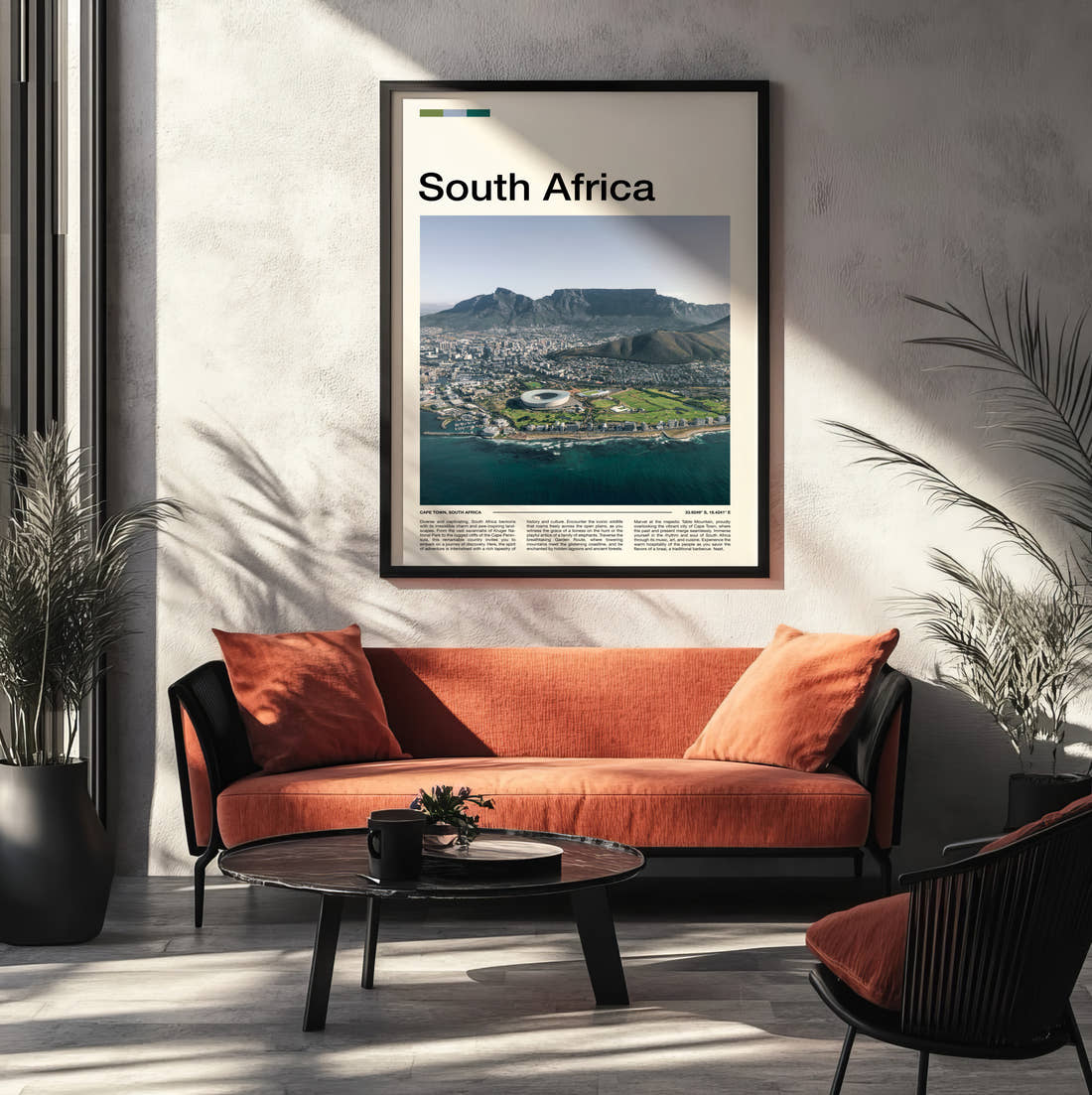 South Africa Table Mountain Travel Print framed on the wall of a modern living room