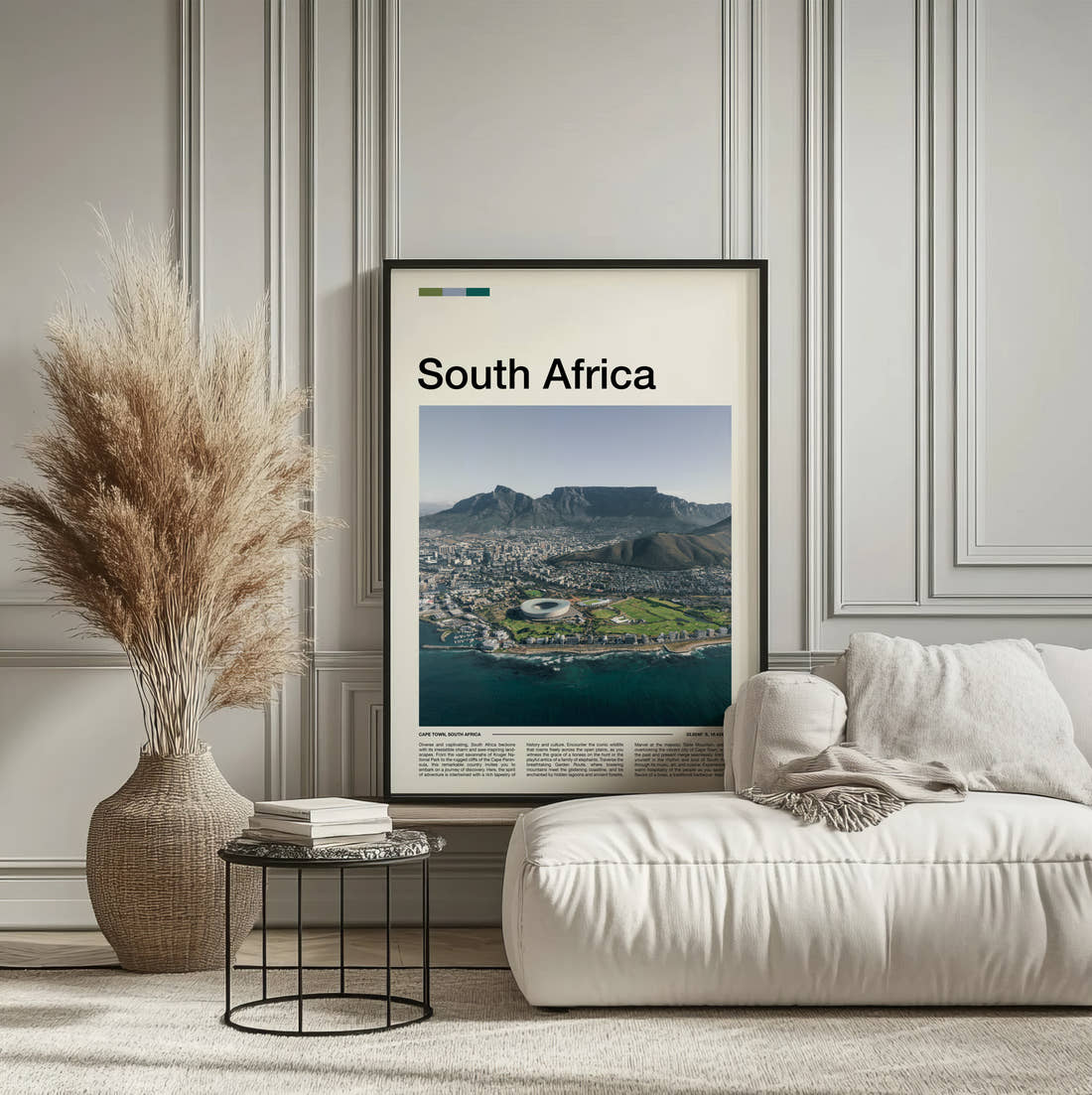 South Africa Table Mountain Travel Print framed on the wall of a calm, neutral bedroom