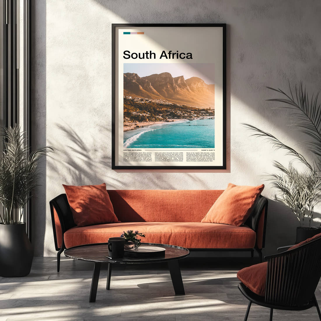 South Africa Twelve Apostles Travel Print framed on the wall of a modern living room