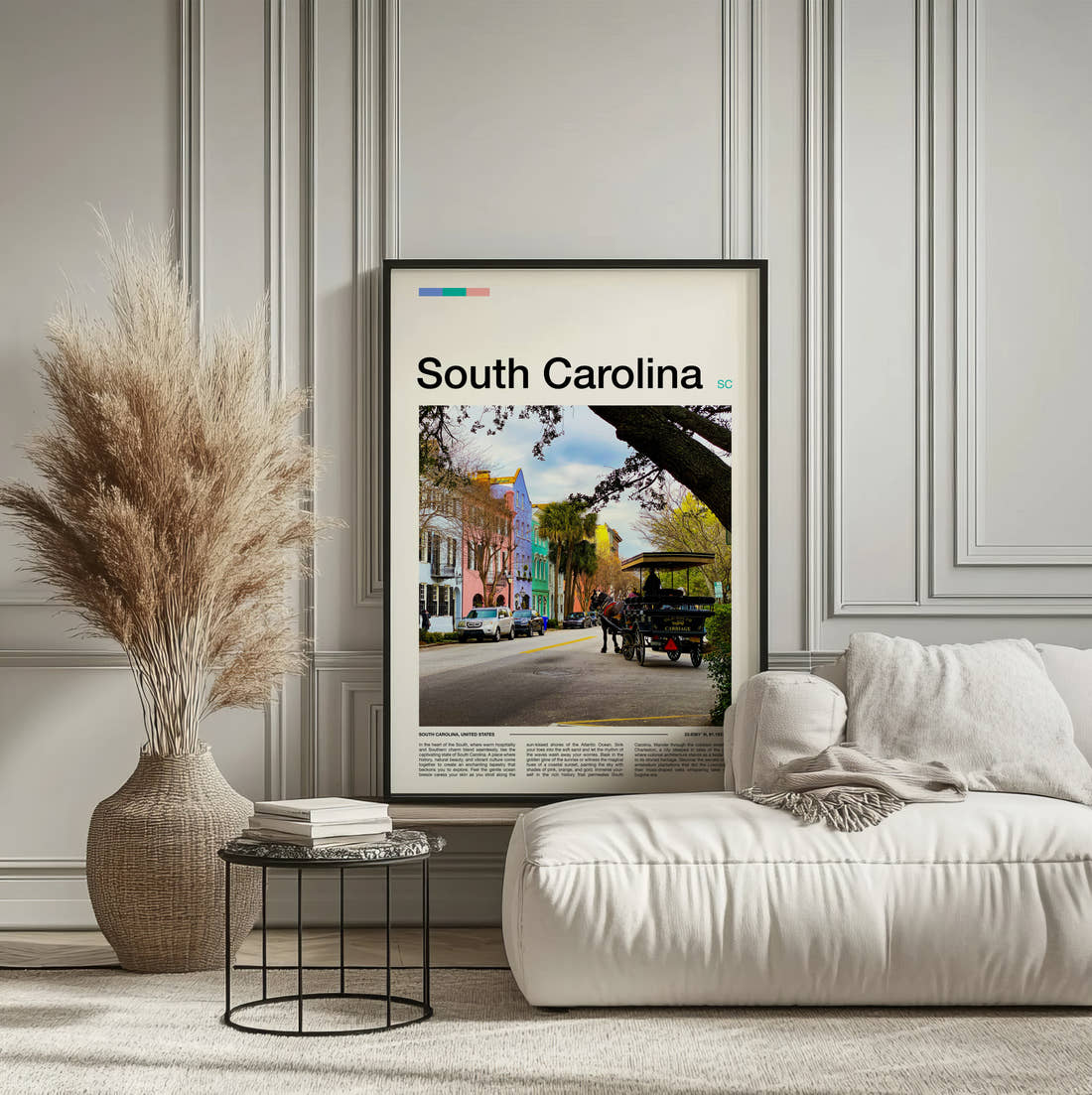South Carolina Rainbow Row Travel Print framed on the wall of a calm, neutral bedroom