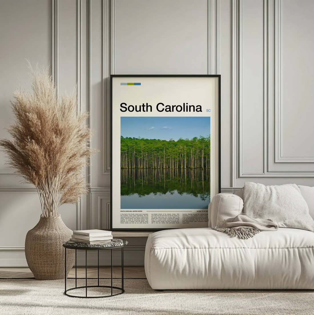 South Carolina Cypress Trees Reflected Travel Print framed on the wall of a calm, neutral bedroom