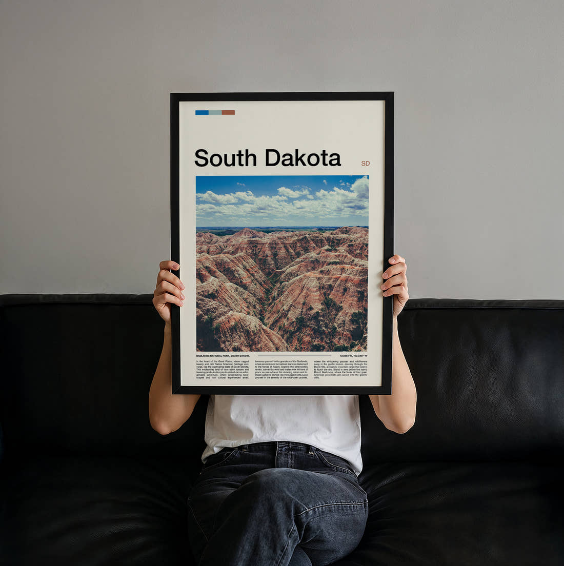 South Dakota Badlands Rock Formations Travel Print held up by hand to show the size of the print