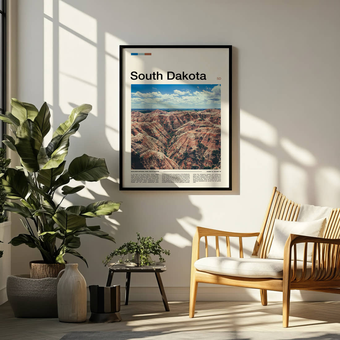 South Dakota Badlands Rock Formations Travel Print framed on a pale wall beside houseplants