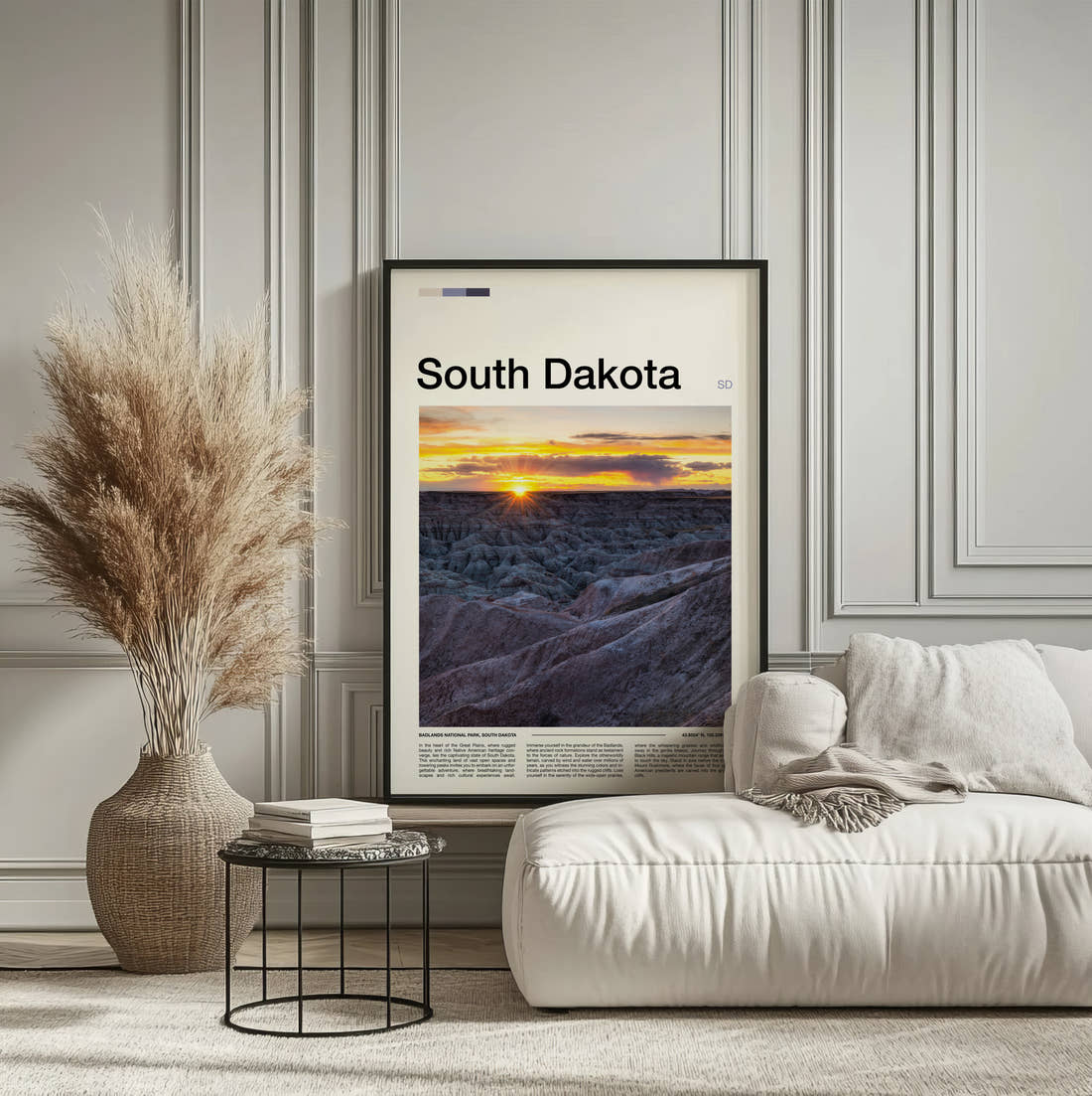 South Dakota Badlands In Golden Light Travel Print framed on the wall of a calm, neutral bedroom