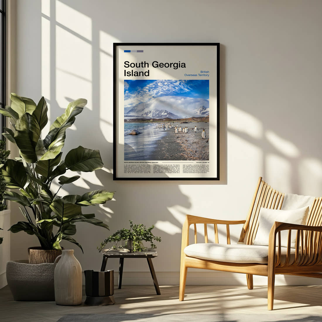 South Georgia Penguins On The Beach Travel Print framed on a pale wall beside houseplants