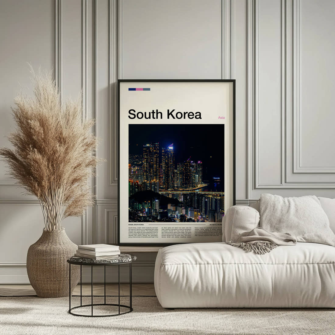 South Korea Night Skyline Over The Harbour Travel Print framed on the wall of a calm, neutral bedroom