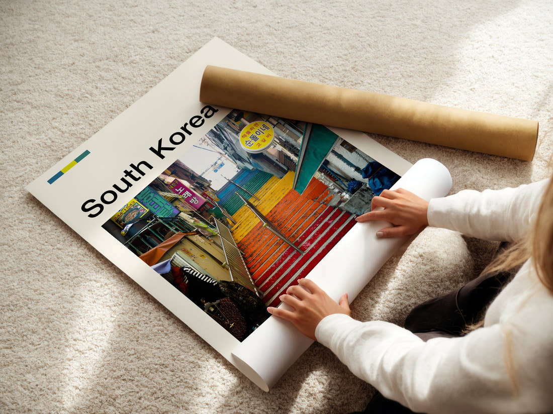 South Korea Colourful Painted Steps Travel Print being unrolled from its postal tube