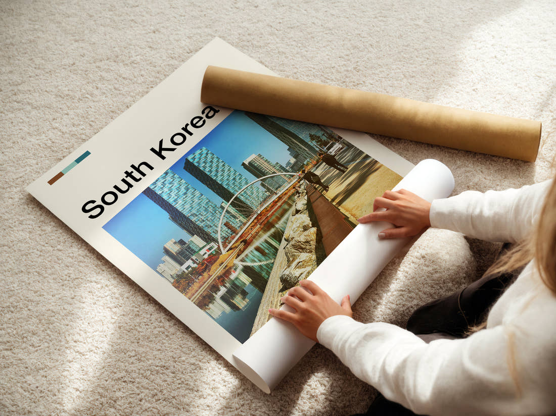 South Korea Arch Bridge Travel Print being unrolled from its postal tube