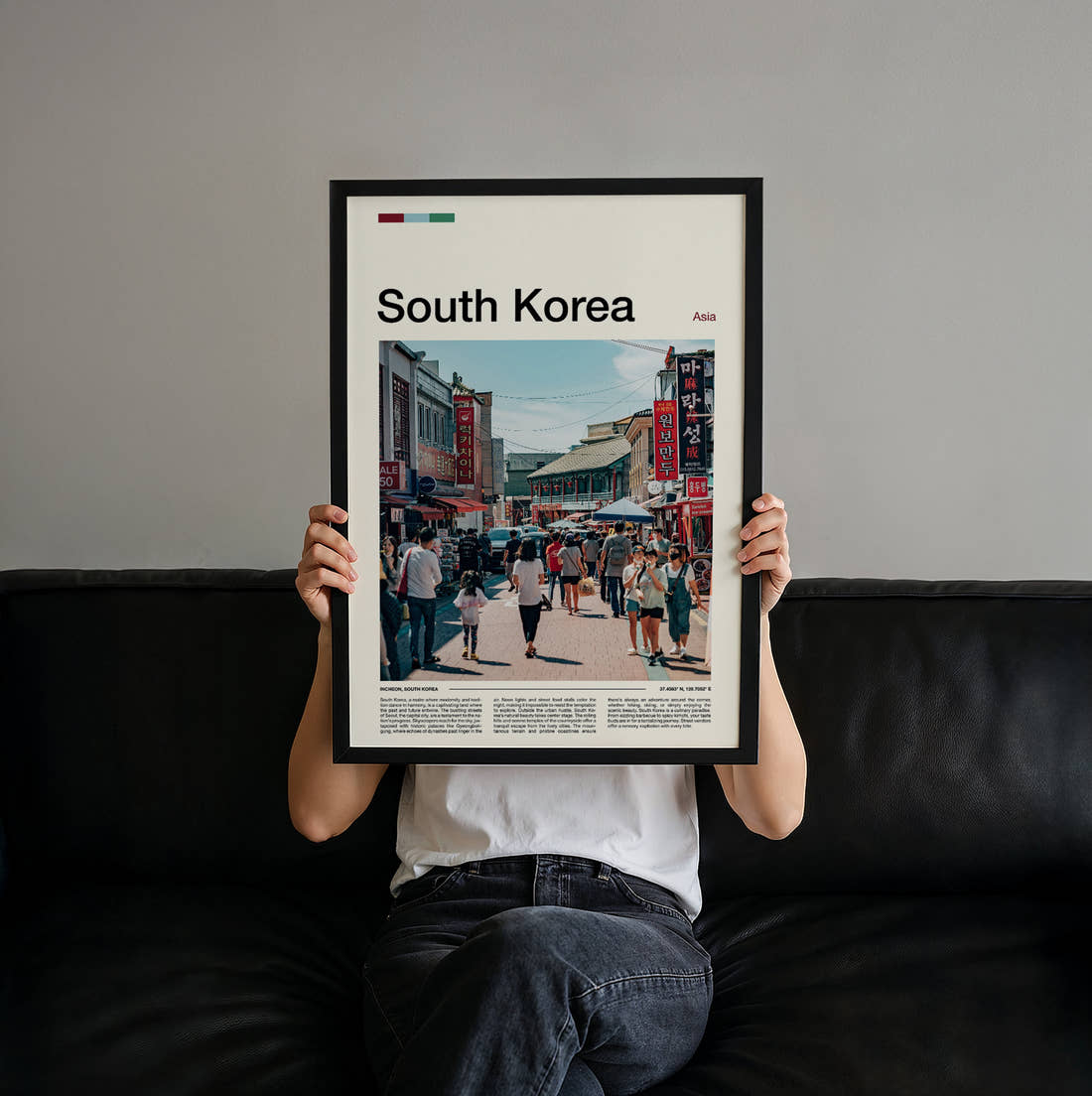 South Korea Busy Shopping Street Travel Print held up by hand to show the size of the print