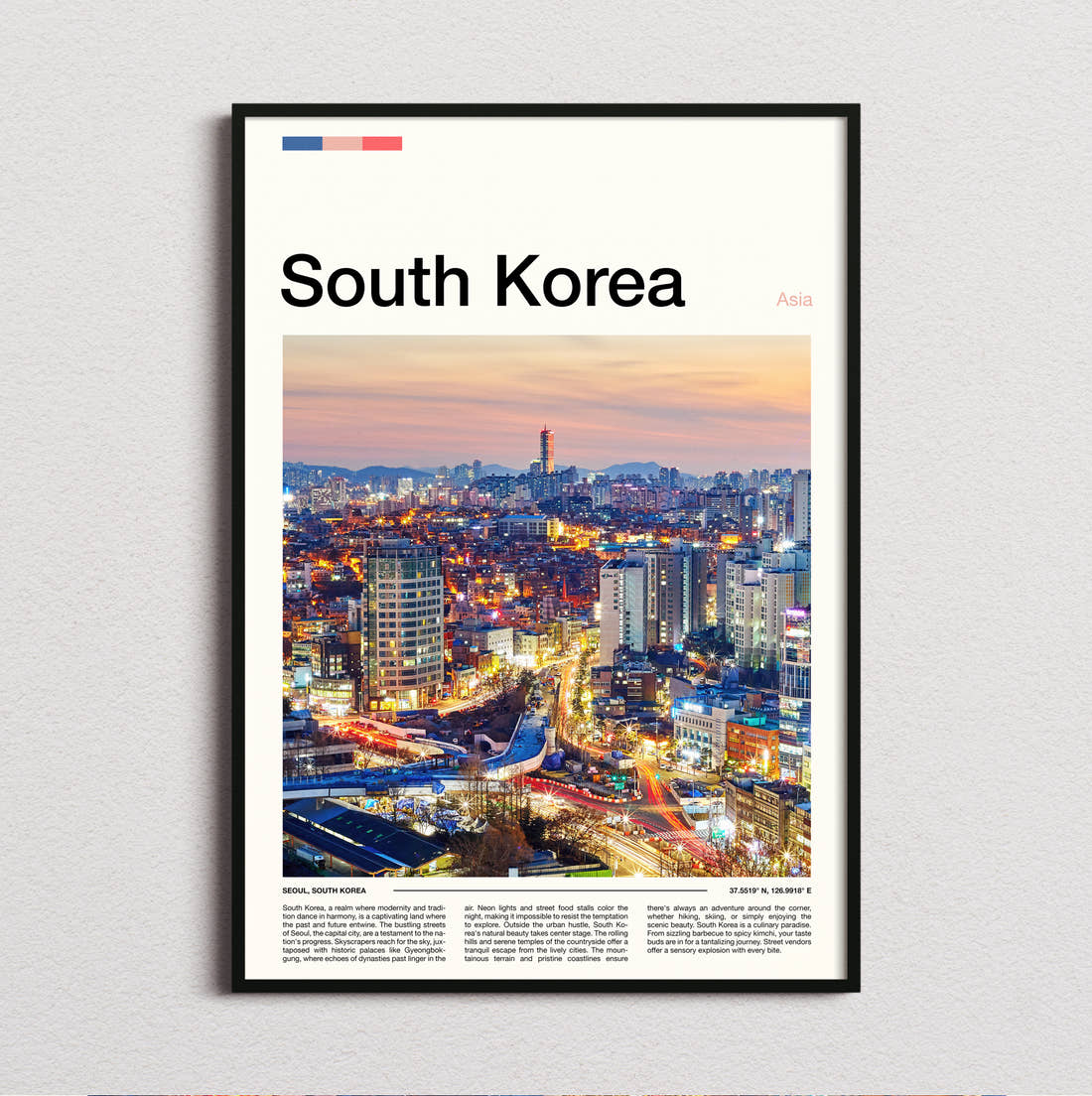 South Korea City Lights At Twilight Travel Print framed and photographed straight on