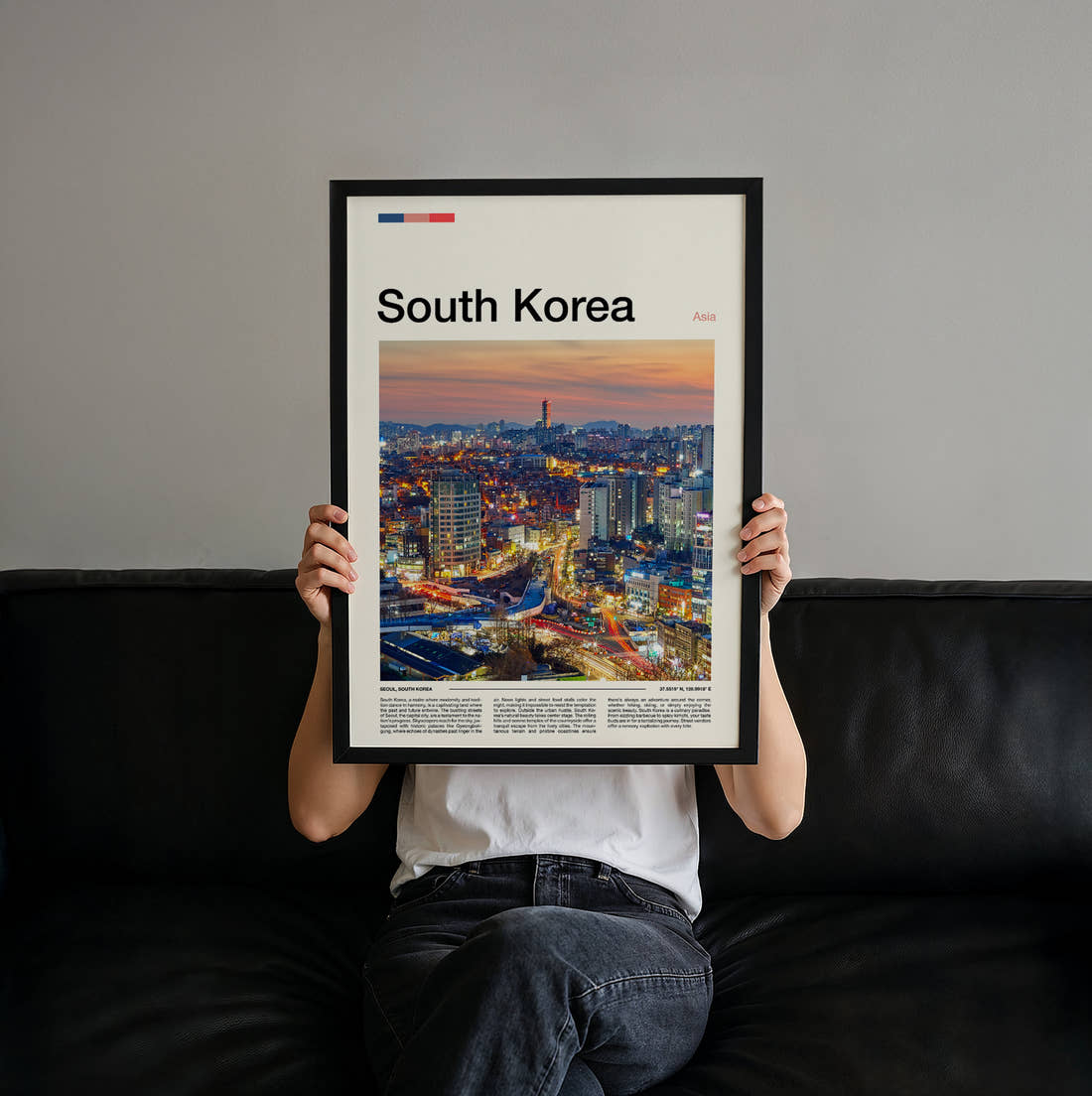 South Korea City Lights At Twilight Travel Print held up by hand to show the size of the print