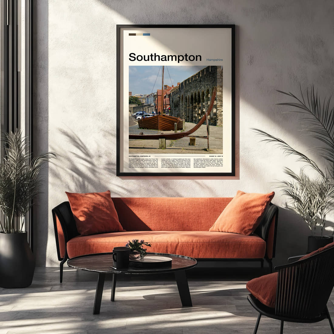 Southampton Medieval Wall And Boat Travel Print framed on the wall of a modern living room