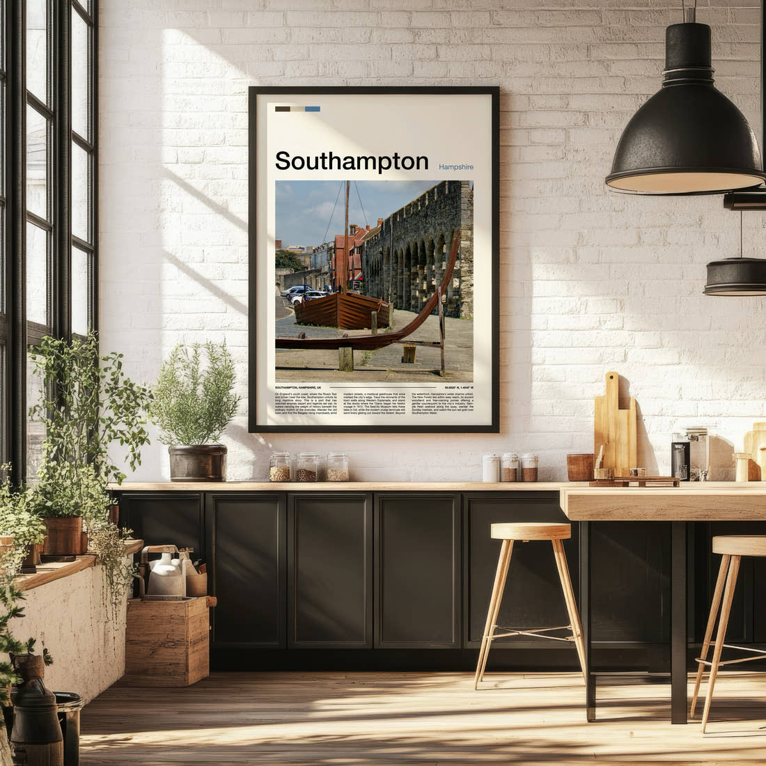 Southampton Medieval Wall And Boat Travel Print framed on the wall of a bright kitchen and dining space