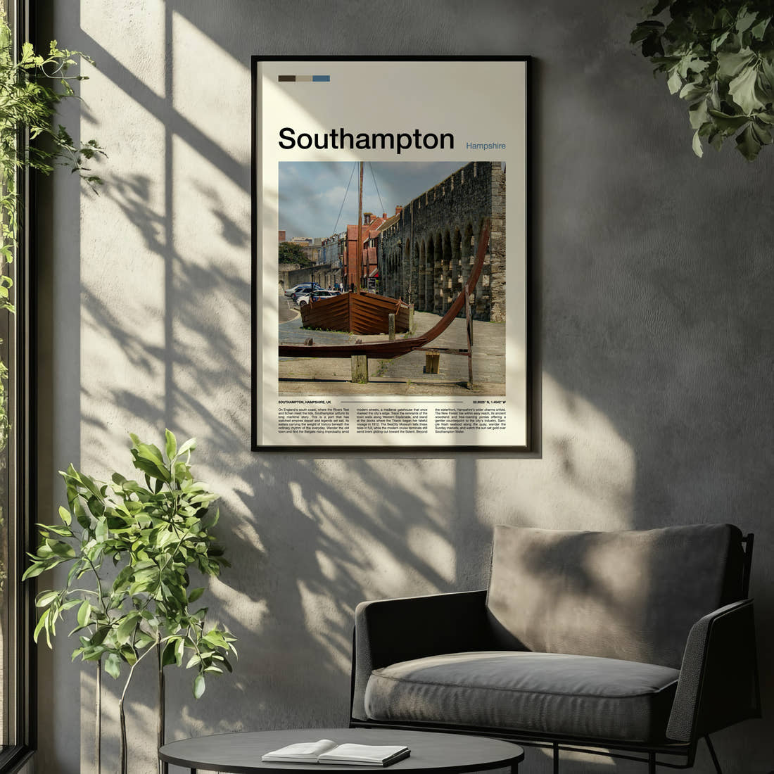 Southampton Medieval Wall And Boat Travel Print framed on the wall of a relaxed living room