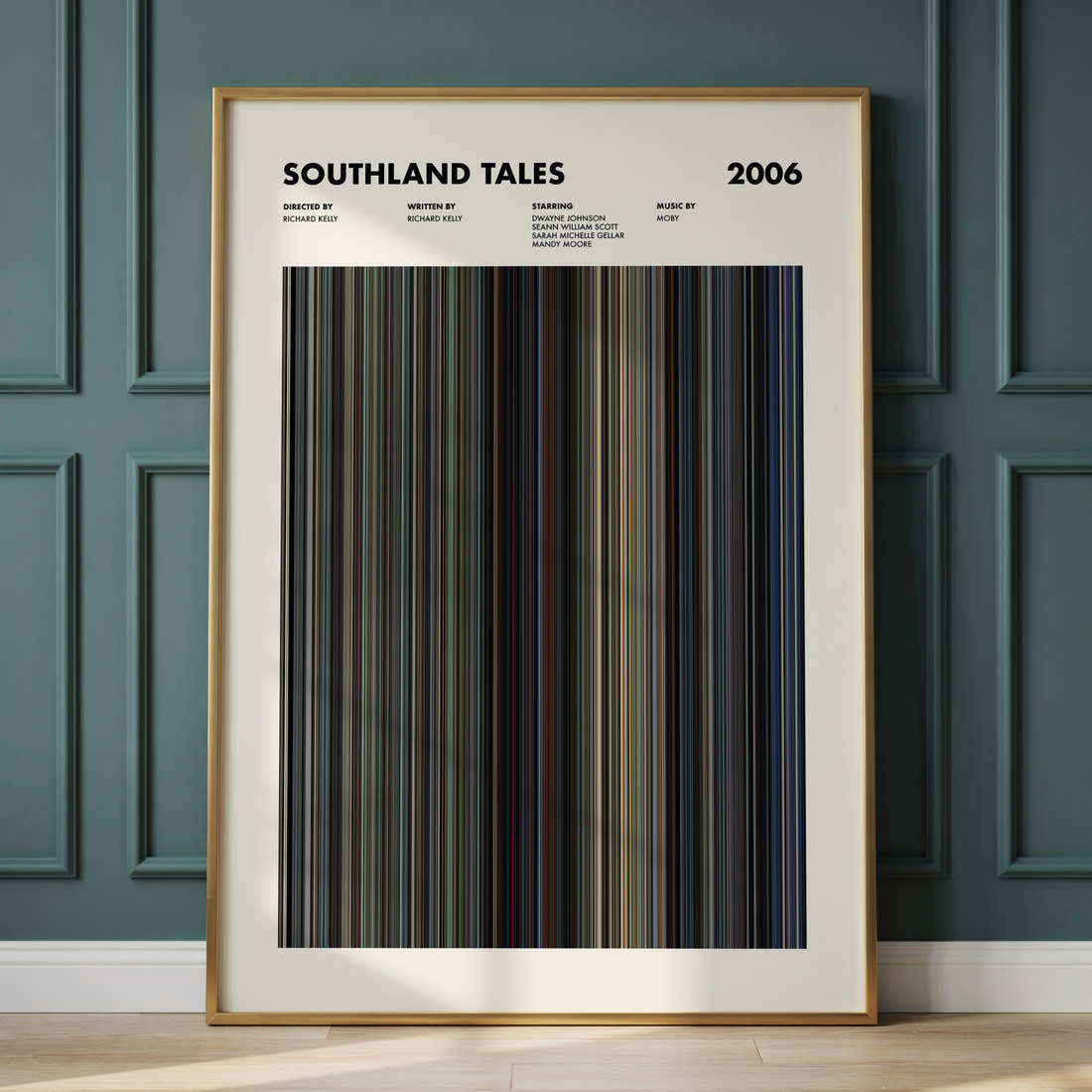 Southland Tales Movie Barcode Poster framed and leaning against a panelled wall