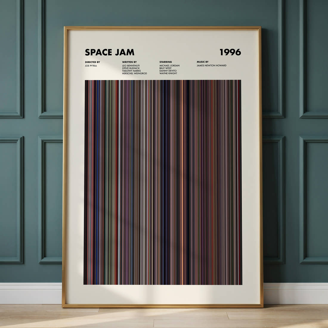 Space Jam Movie Barcode Poster framed and leaning against a panelled wall