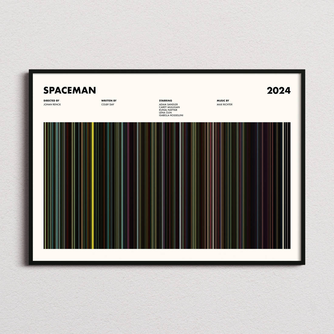 Spaceman Movie Barcode Poster framed and photographed straight on