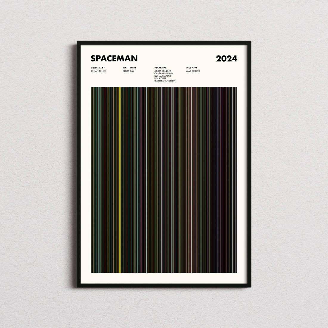 Spaceman Movie Barcode Poster framed on a plain studio wall