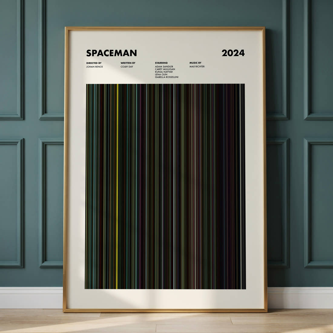 Spaceman Movie Barcode Poster framed and leaning against a panelled wall