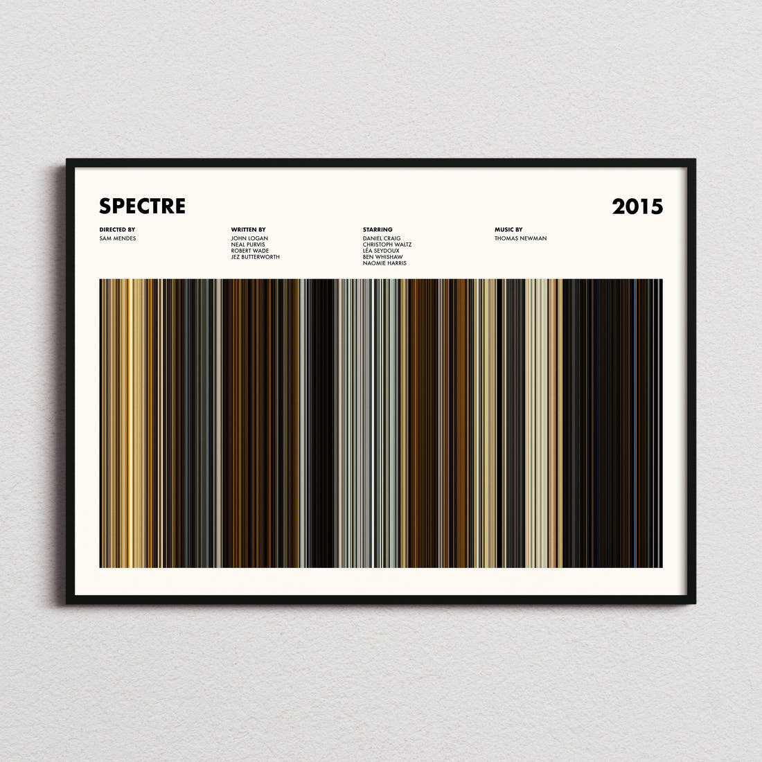Spectre Movie Barcode Poster framed and photographed straight on
