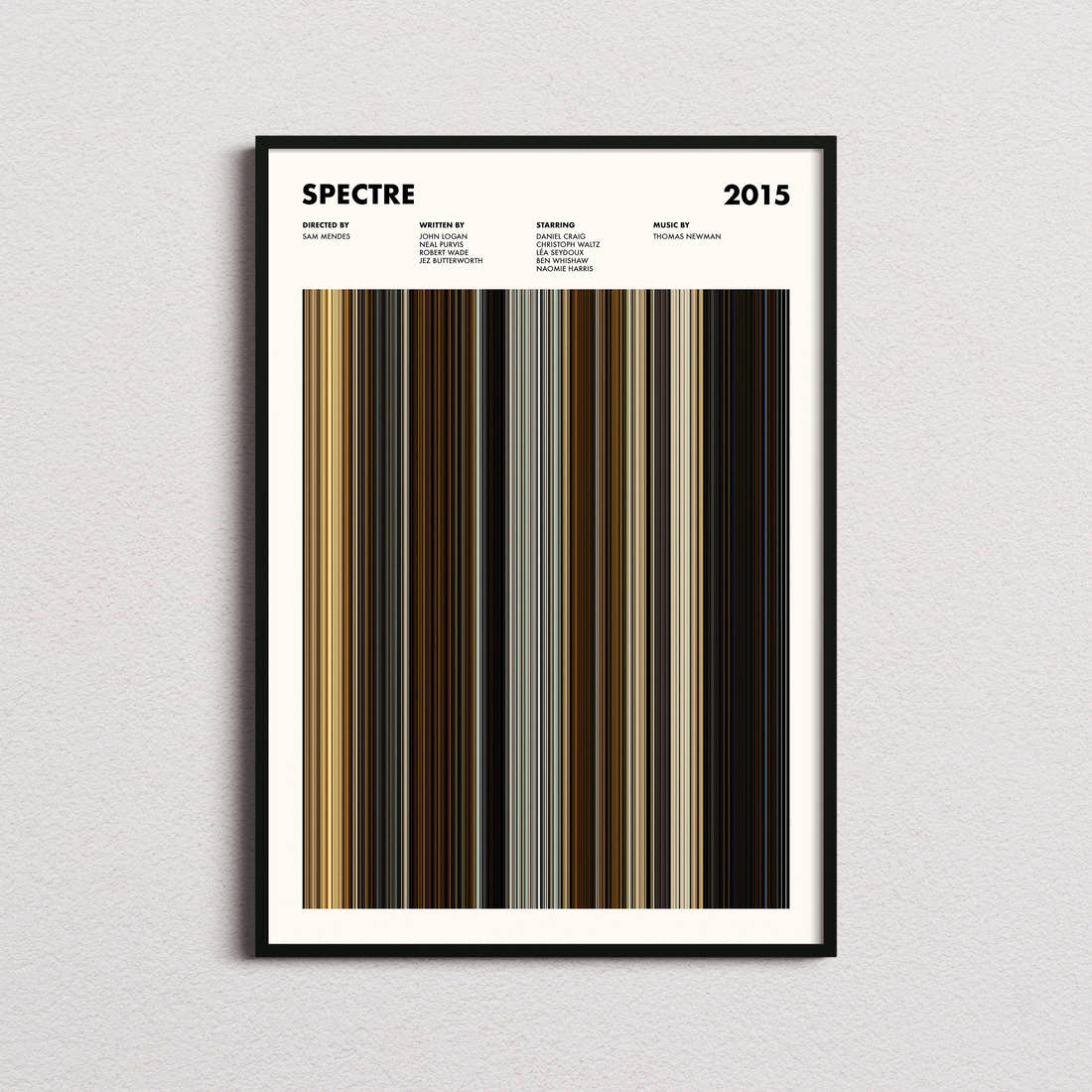 Spectre Movie Barcode Poster framed on a plain studio wall