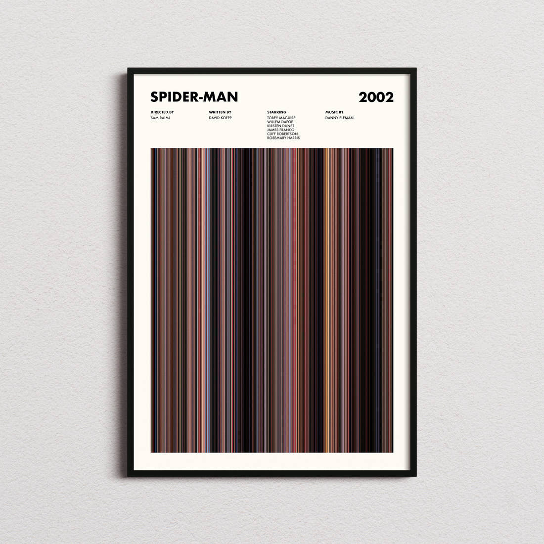 Spider-Man Movie Barcode Poster framed on a plain studio wall