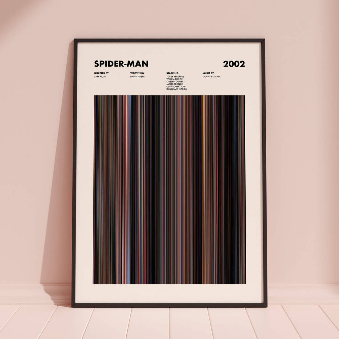 Spider-Man Movie Barcode Poster framed and leaning against a coloured wall