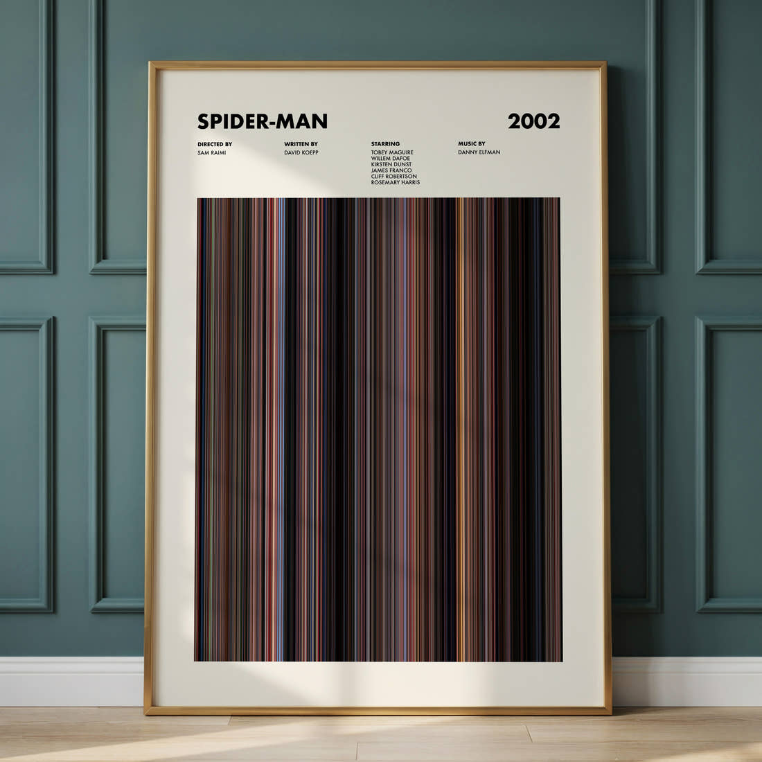 Spider-Man Movie Barcode Poster framed and leaning against a panelled wall