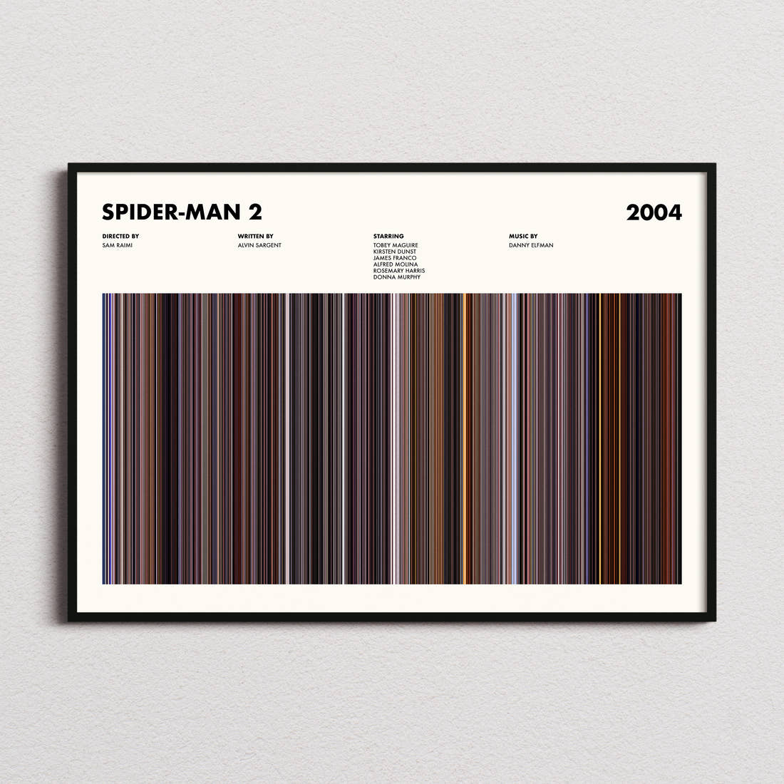 Spider-Man 2 Movie Barcode Poster framed and photographed straight on