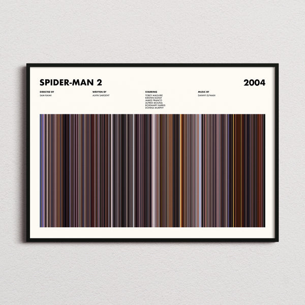 Spider-Man 2 Movie Barcode Poster framed and photographed straight on