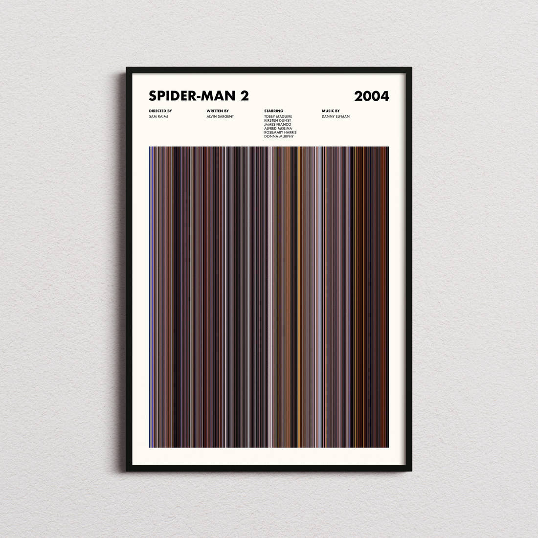 Spider-Man 2 Movie Barcode Poster framed on a plain studio wall