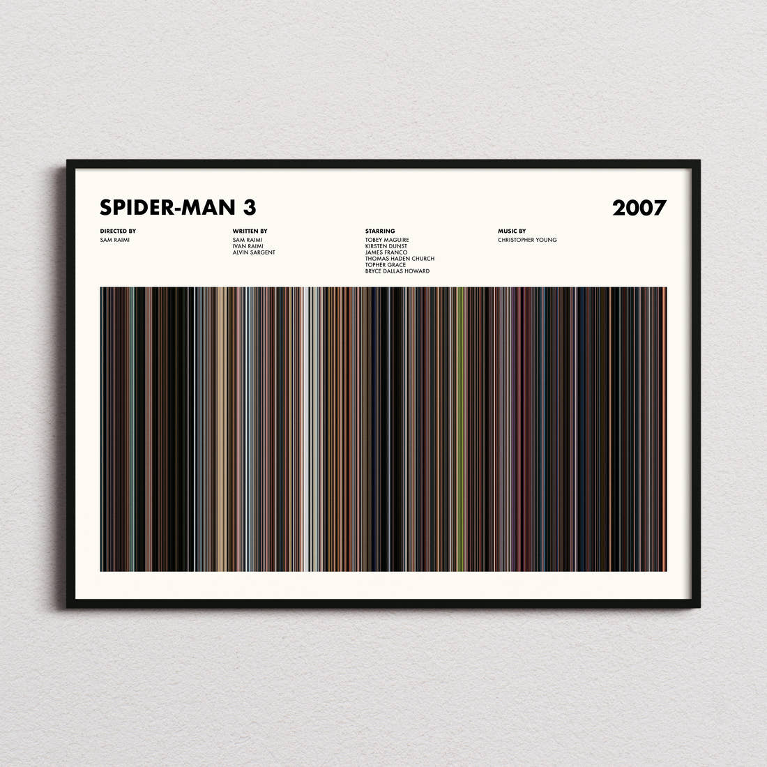 Spider-Man 3 Movie Barcode Poster framed and photographed straight on