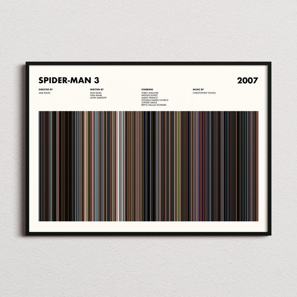 Spider-Man 3 Movie Barcode Poster framed and photographed straight on