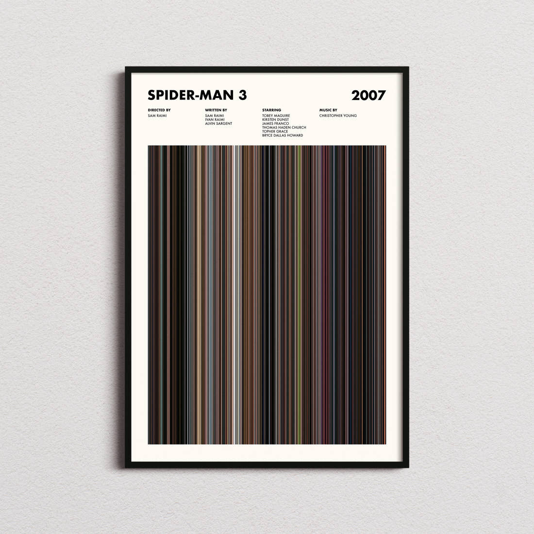 Spider-Man 3 Movie Barcode Poster framed on a plain studio wall