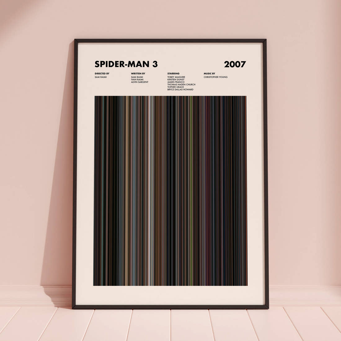 Spider-Man 3 Movie Barcode Poster framed and leaning against a coloured wall
