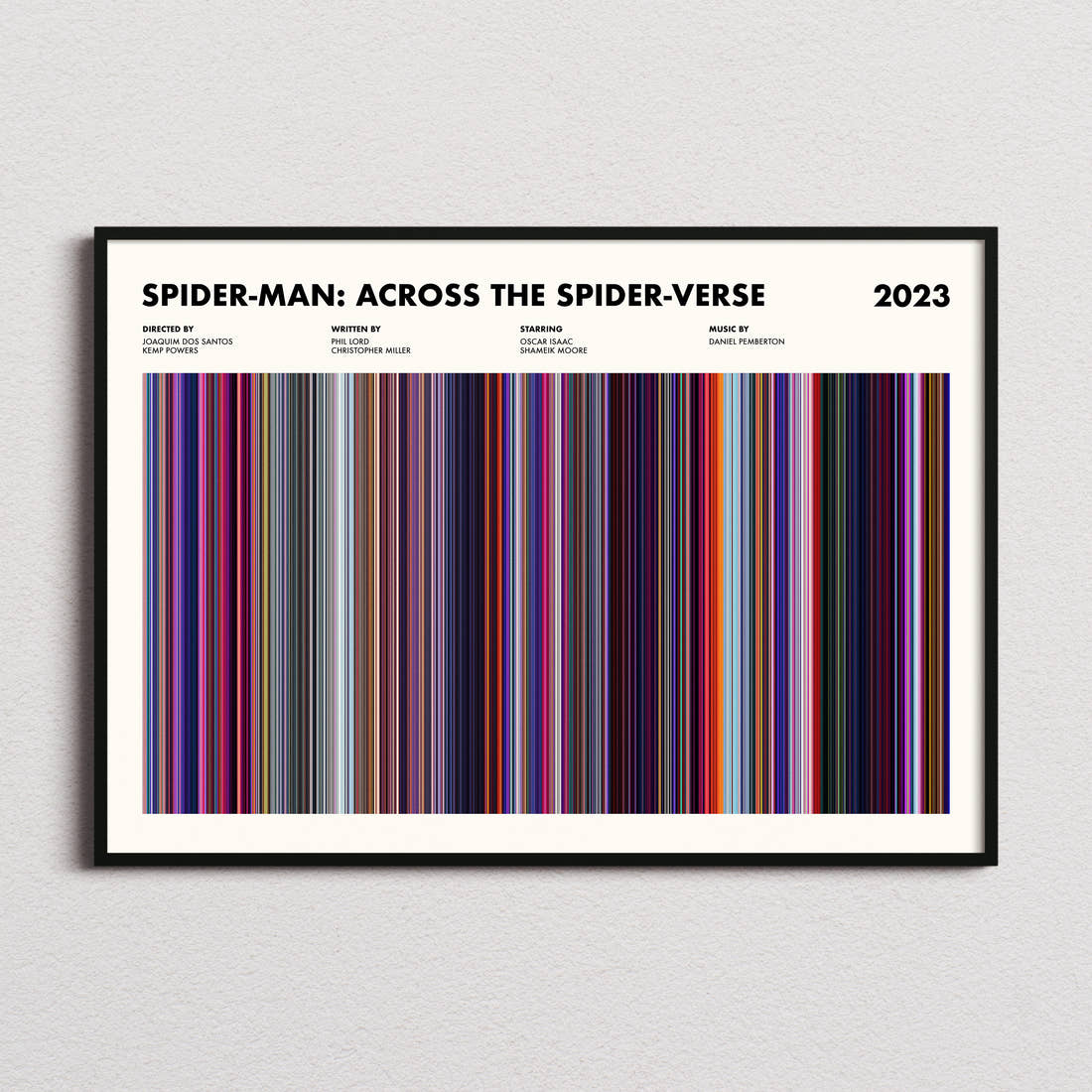 Spider-Man: Across the Spider-Verse Movie Barcode Poster framed and photographed straight on