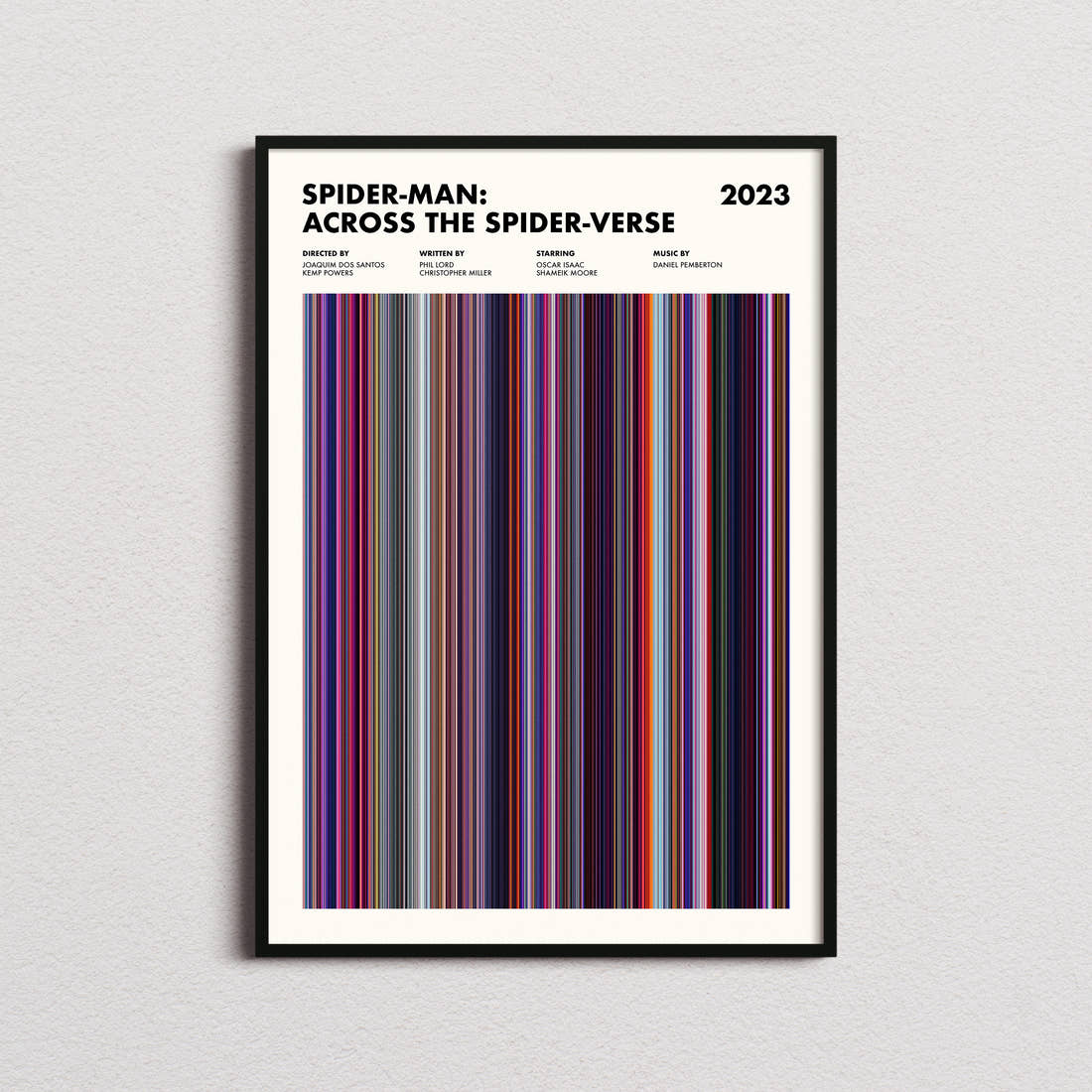 Spider-Man: Across the Spider-Verse Movie Barcode Poster framed on a plain studio wall