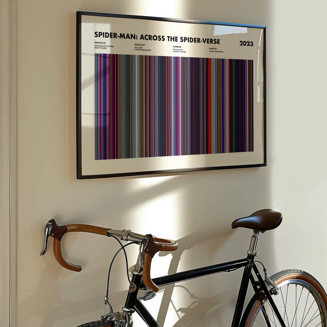 Spider-Man: Across the Spider-Verse Movie Barcode Poster framed on the wall of a styled room setting