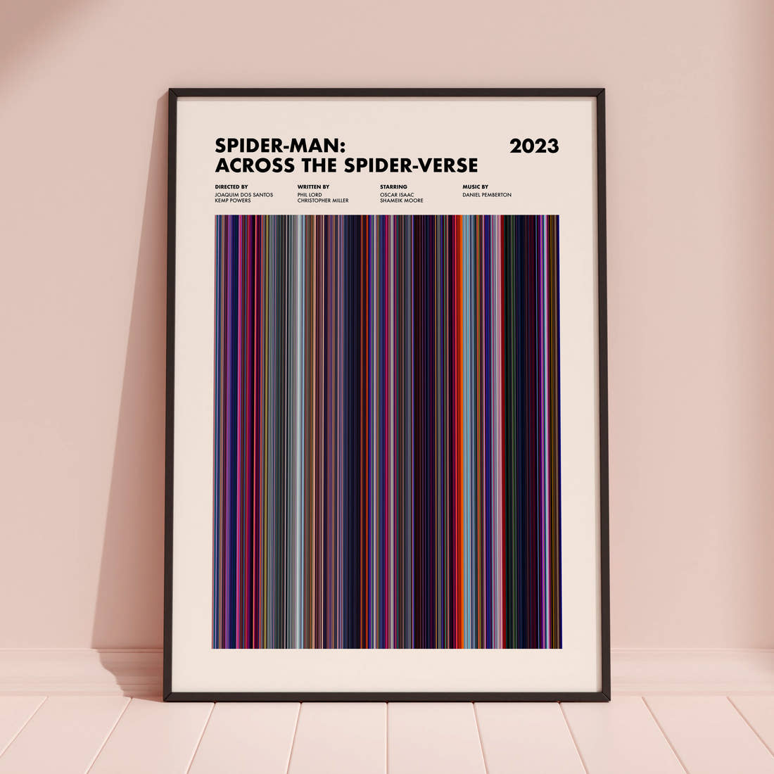 Spider-Man: Across the Spider-Verse Movie Barcode Poster framed and leaning against a coloured wall