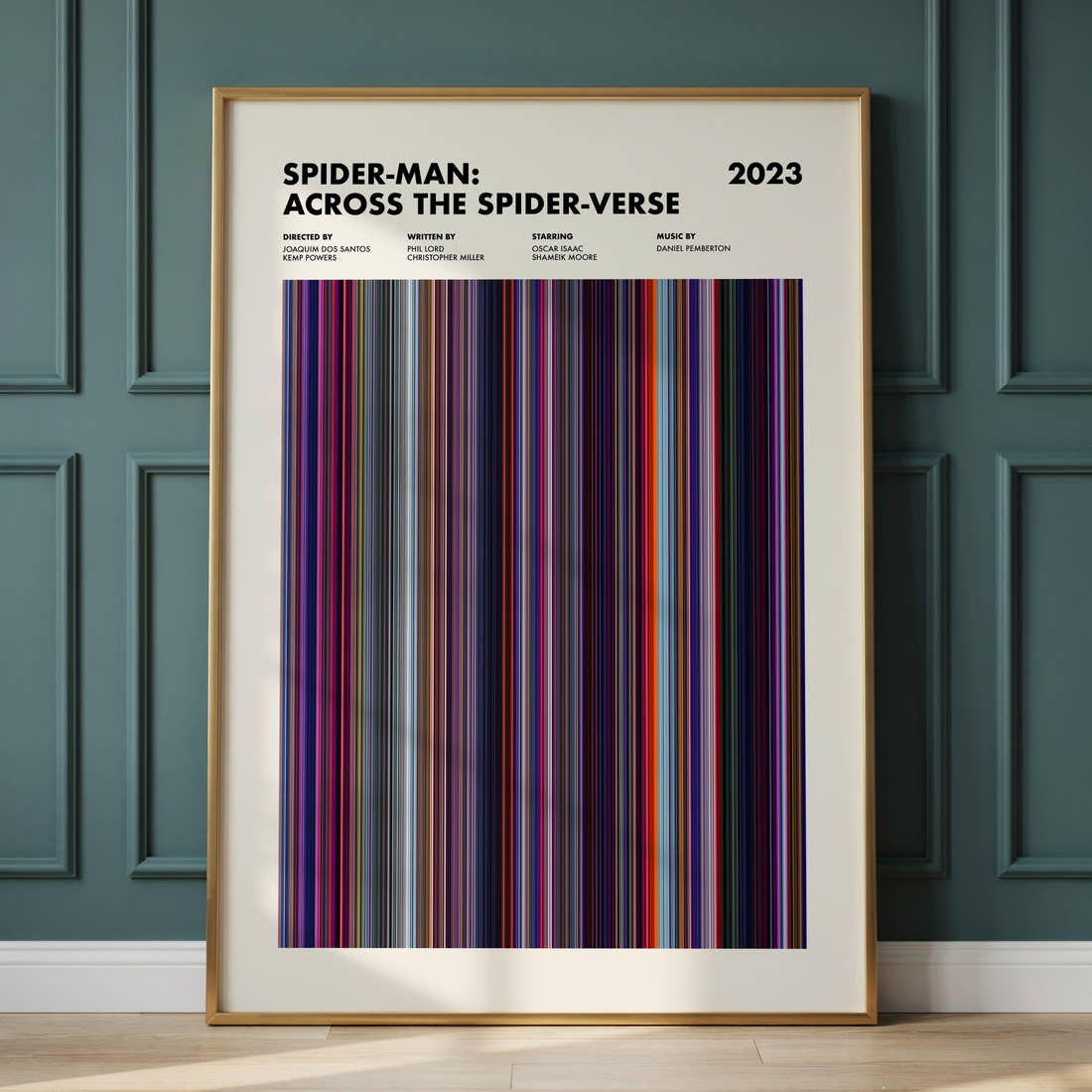 Spider-Man: Across the Spider-Verse Movie Barcode Poster framed and leaning against a panelled wall