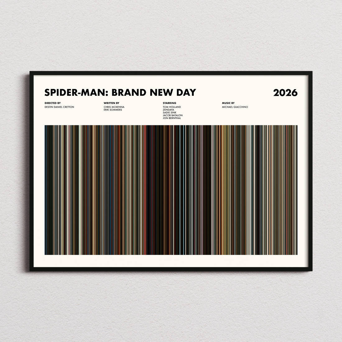 Spider-Man: Brand New Day Movie Barcode Poster framed and photographed straight on
