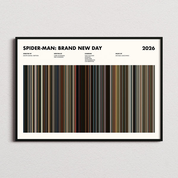 Spider-Man: Brand New Day Movie Barcode Poster framed and photographed straight on