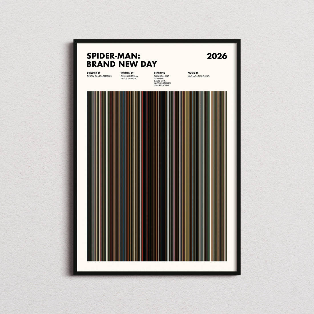 Spider-Man: Brand New Day Movie Barcode Poster framed on a plain studio wall