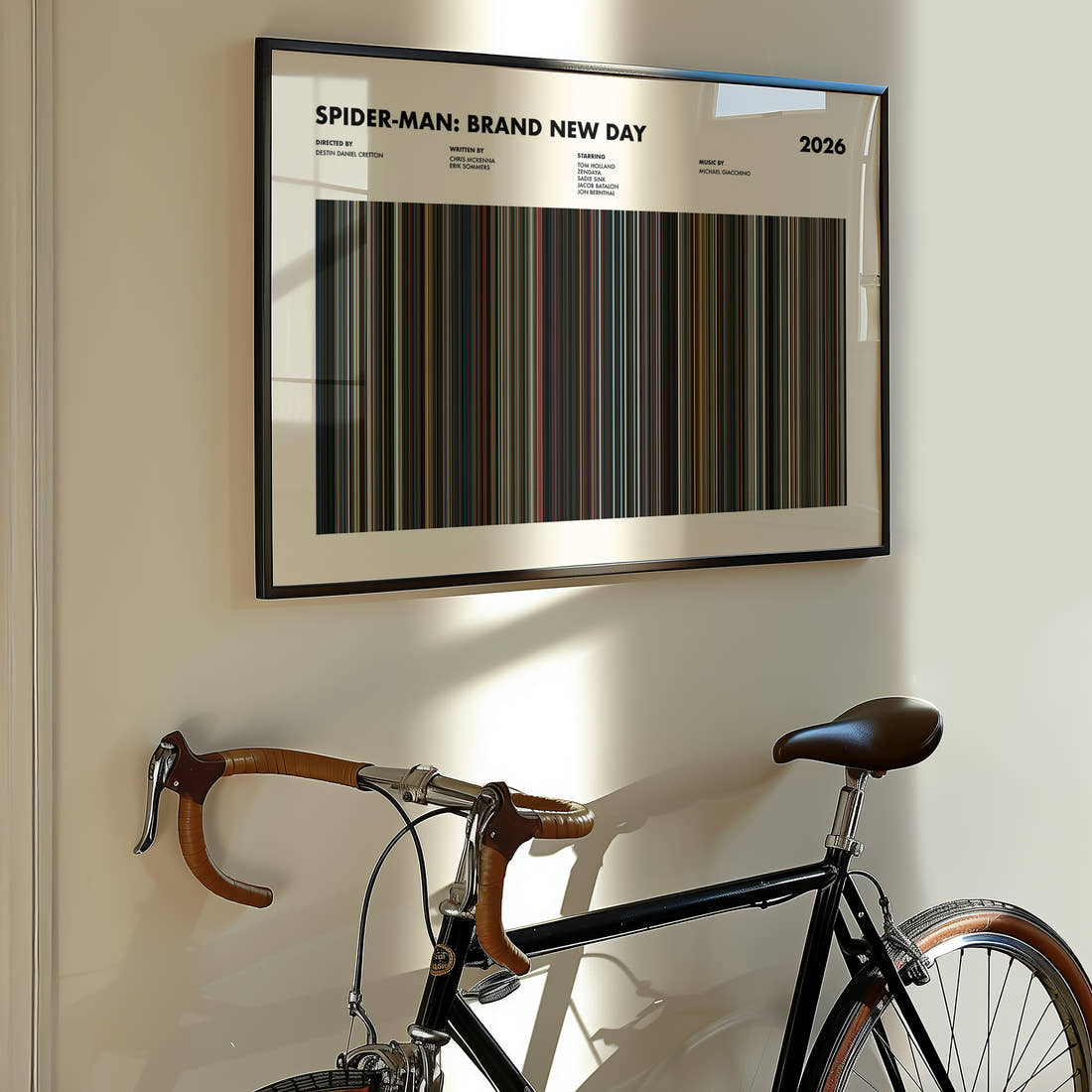Spider-Man: Brand New Day Movie Barcode Poster framed on the wall of a styled room setting
