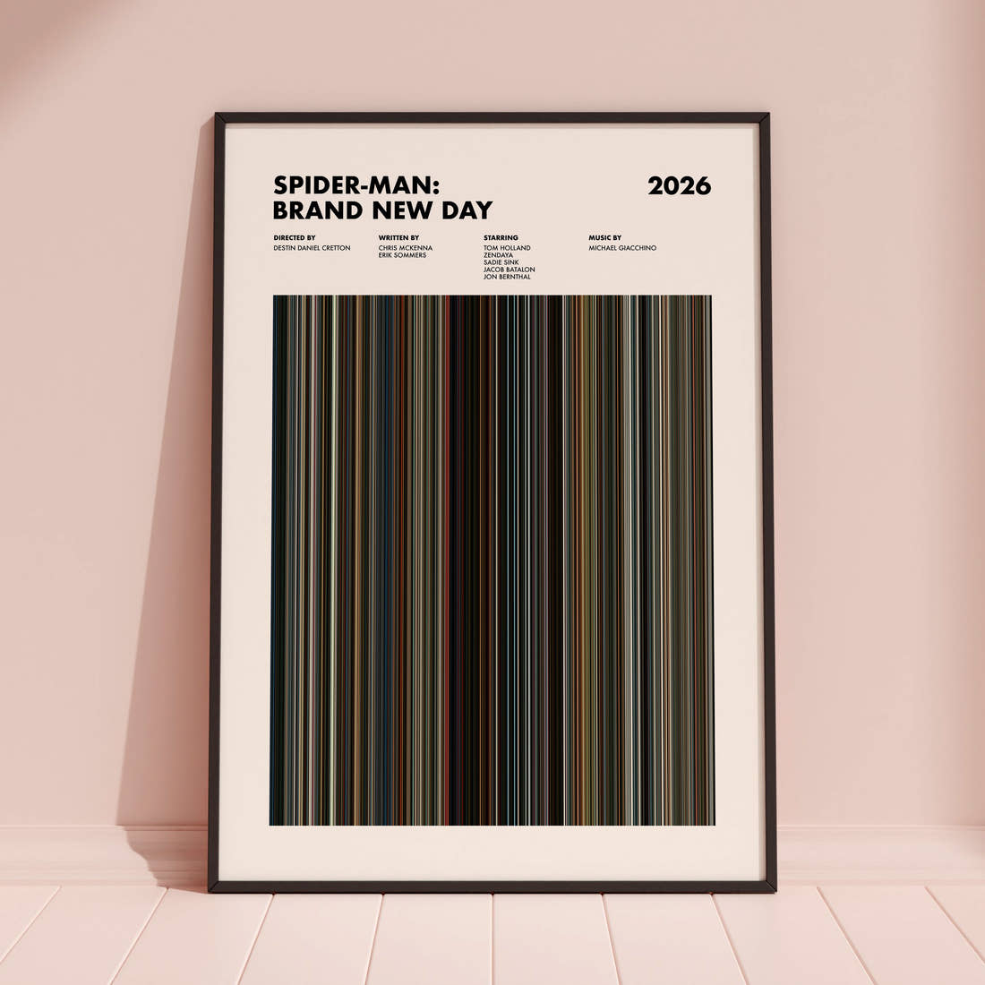 Spider-Man: Brand New Day Movie Barcode Poster framed and leaning against a coloured wall