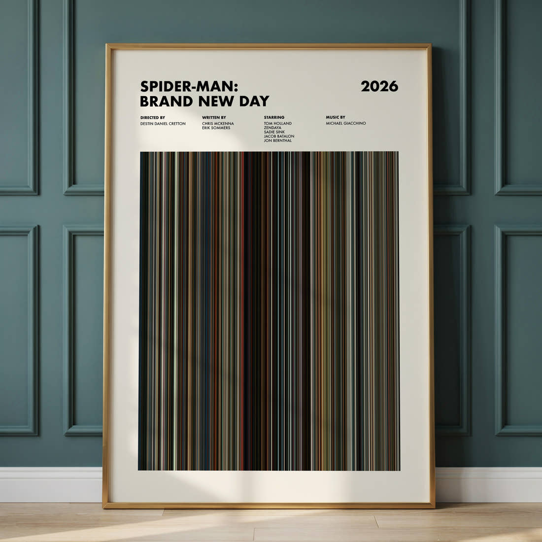 Spider-Man: Brand New Day Movie Barcode Poster framed and leaning against a panelled wall
