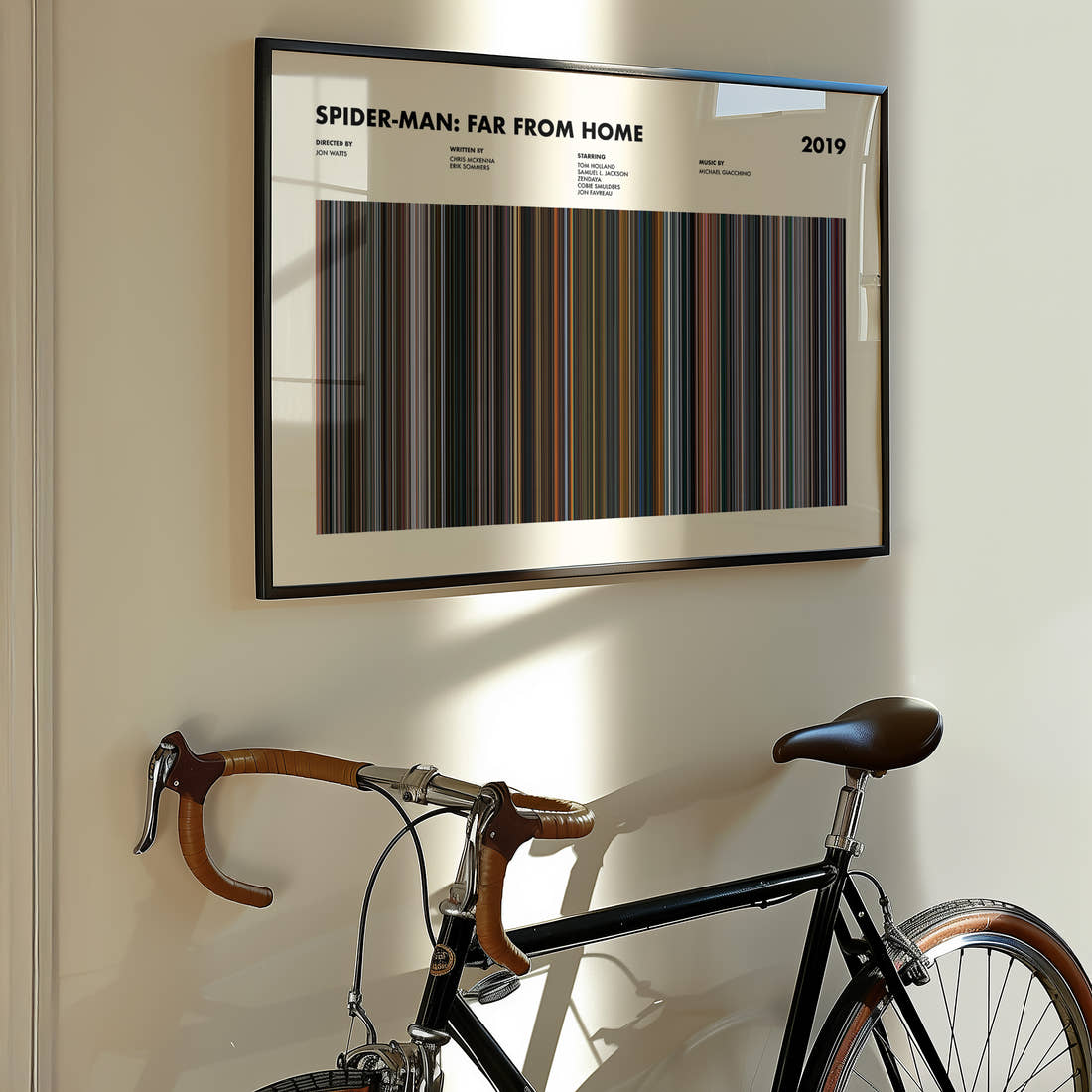 Spider-Man Far From Home Movie Barcode Poster framed on the wall of a styled room setting